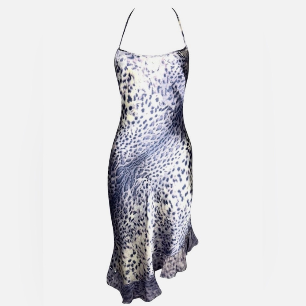 ROBERTO CAVALLI S/S 2000 Vintage Lilac Leopard Silk Halter Ruffle Midi Dress XS